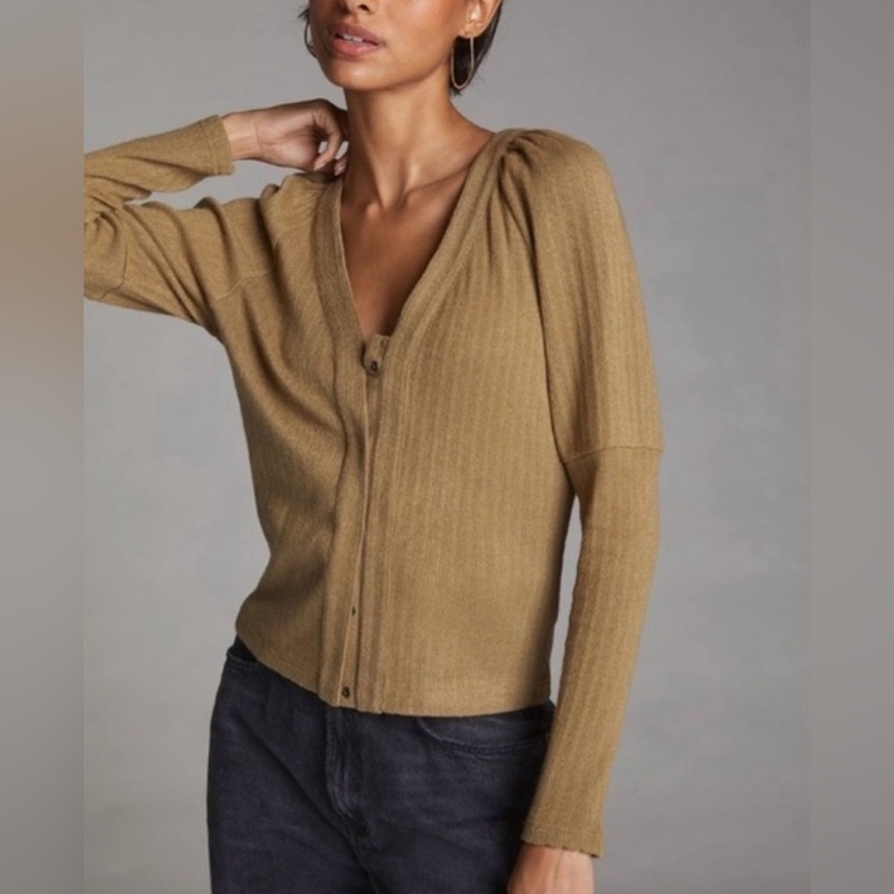 Anthropologie Puff Sleeve Neutral Olive Green Lightweight Cardigan Sweater, Sz M